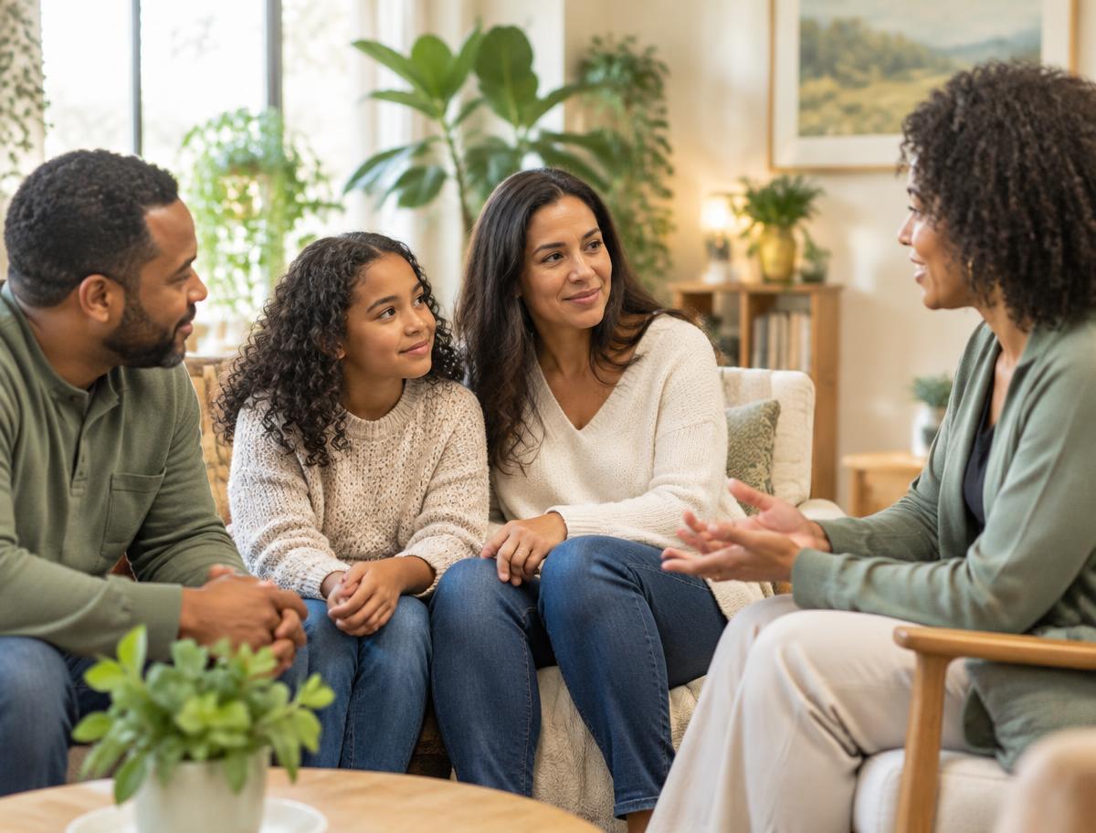 A family in a supportive conversation in a welcoming room